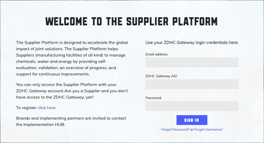 Screenshot showing the ZDHC Gateway login page with input fields for username and password