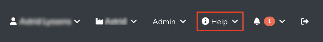 Screenshot of the top navigation bar highlighting the Help menu with information icon