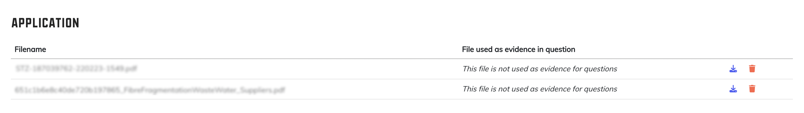 File list showing uploaded documents with status and action buttons
