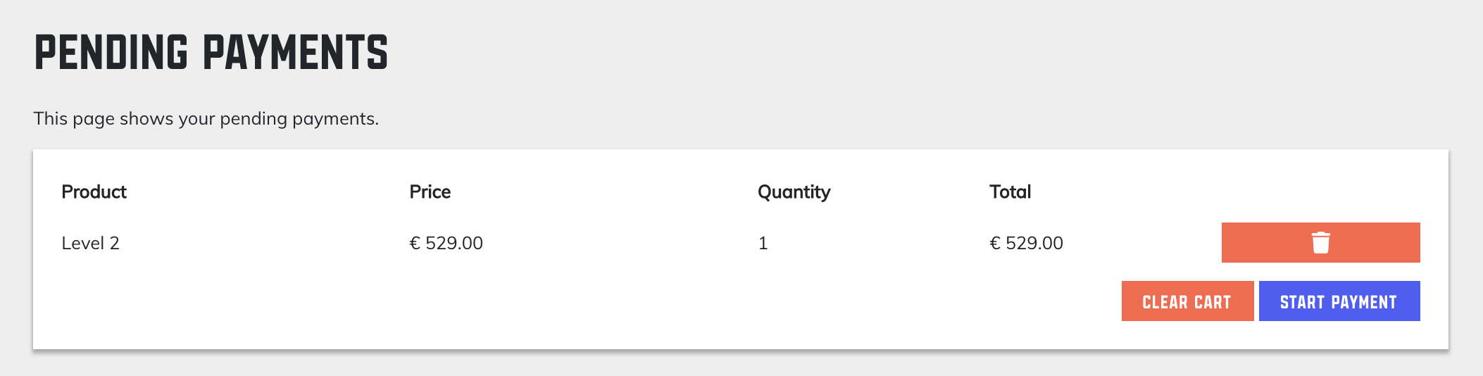 Pending payments screen showing product details and payment options