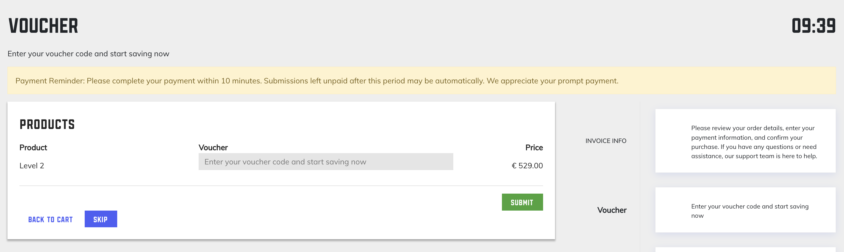 Voucher entry screen with product details and submission options