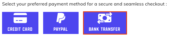 Payment method selection showing Credit Card, PayPal, and Bank Transfer options as blue buttons with icons