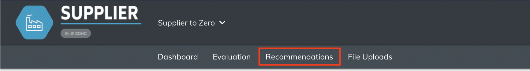 Navigation bar with Recommendations tab highlighted