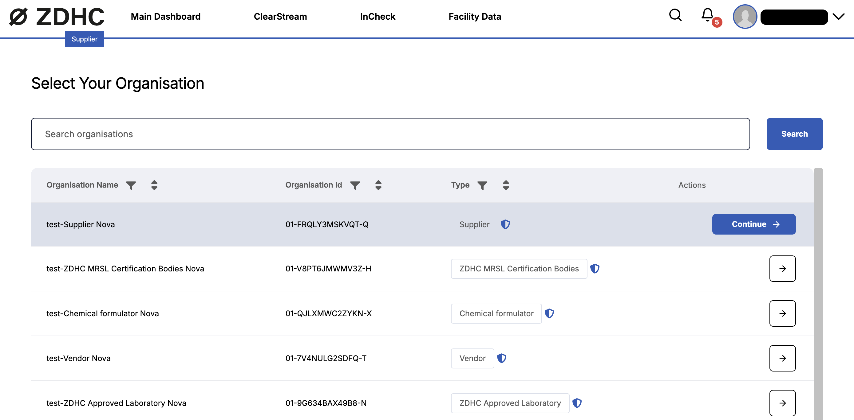 Select your Organisation screen with Supplier organisation highlighted.