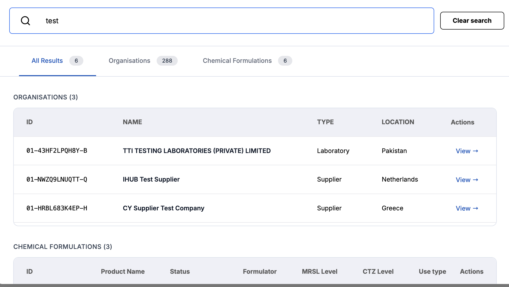 Image of global search panel with results in the three different tabs