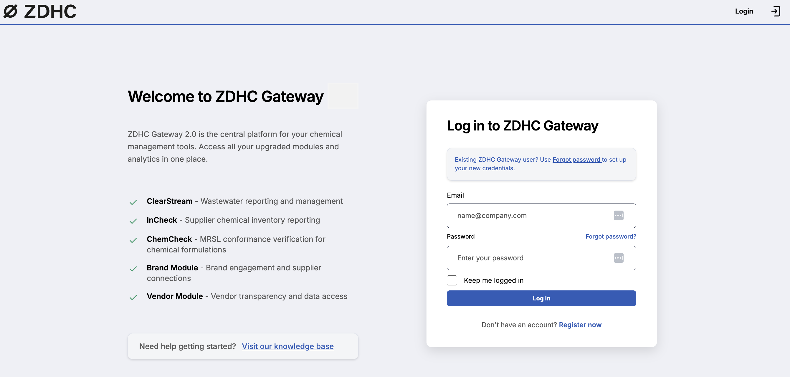 Image of ZDHC Gateway login page, showing credentials fields