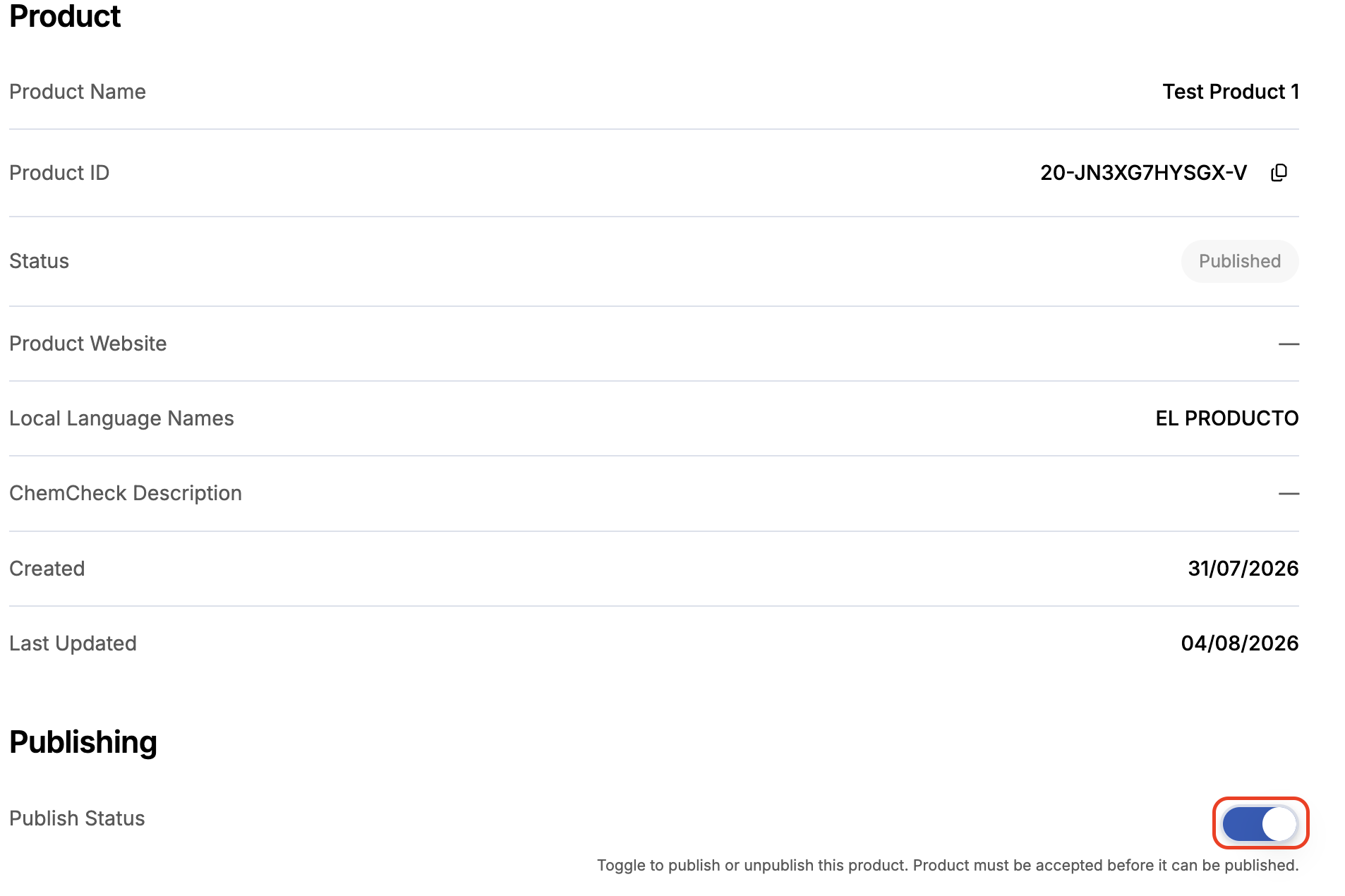 Image of the product detail page showing the enabled Publish toggle.