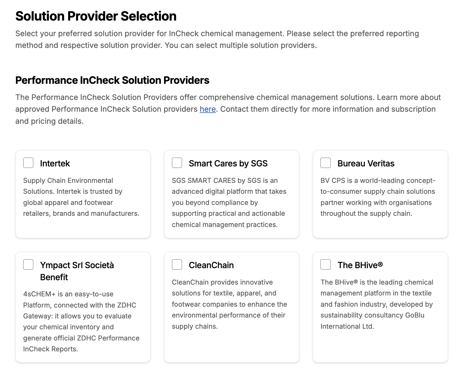 Image of the InCheck settings page showing the solution provider selection list.