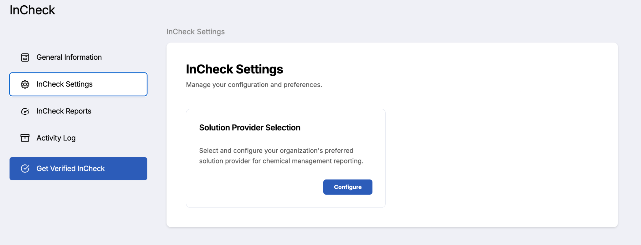 Screenshot of the InCheck Settings tab and Solution Provider Selection box.