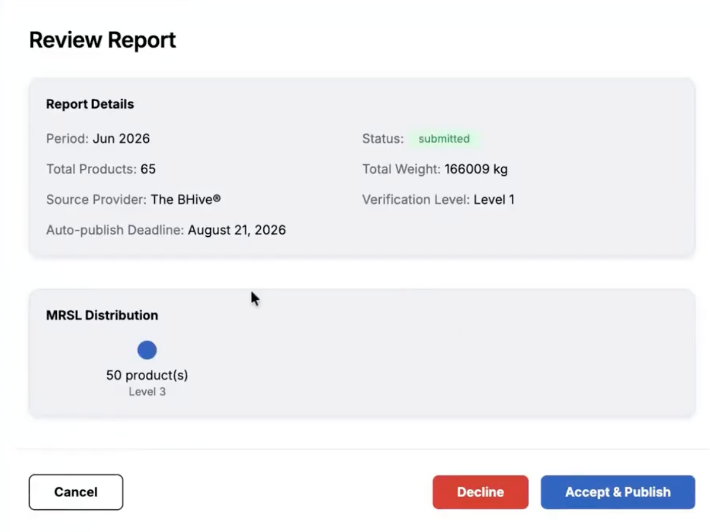 Image of an InCheck Report detail panel with Accept & Publish and Decline buttons visible.