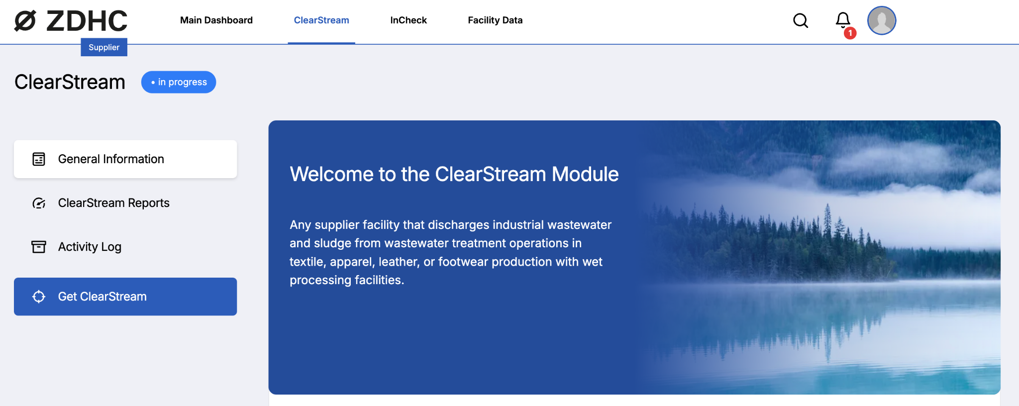 ClearStream module navigation menu with four items listed on the left.