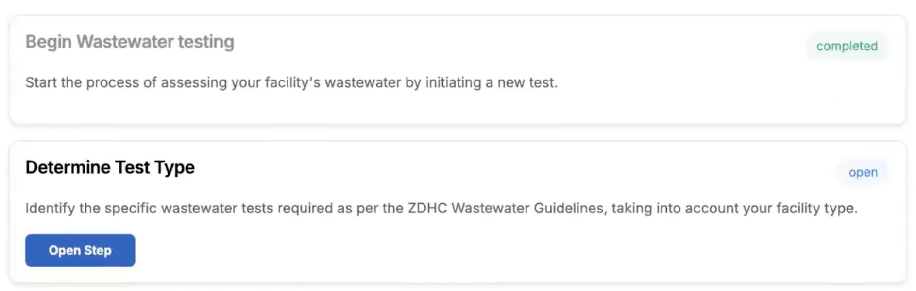 Image showing the Begin Wastewater testing and Determine Test type steps within the ClearStream workflow.