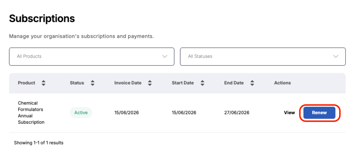 Screenshot of the subscriptions overview table with a Renew button highlighted in the row of an expiring subscription.