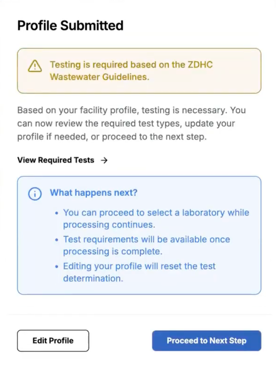 The confirmation modal showing "Testing is required" with the View Required Tests button highlighted.