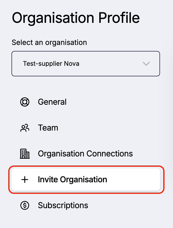 A screenshot showing Organisation Profile page with a button called Invite Organisation