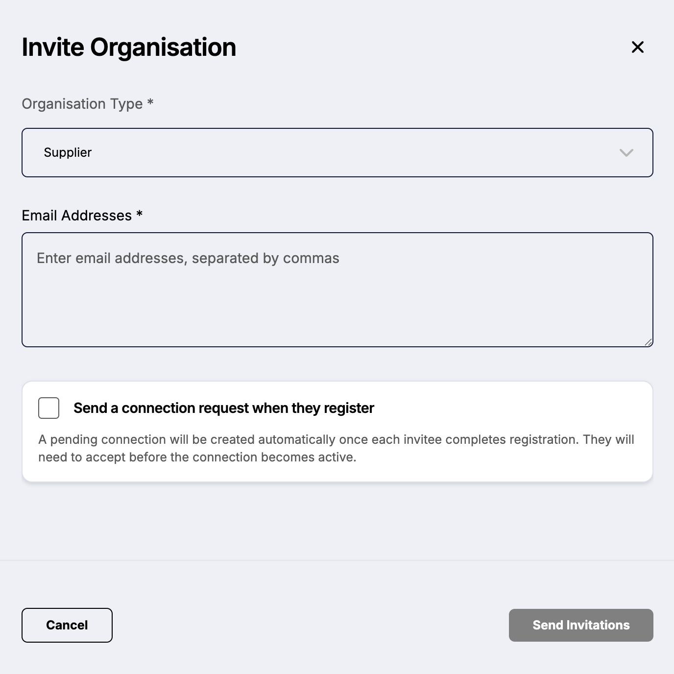 A screenshot showing Invite Organisation page with Organisation Type dropdown and a field to write down email addresses