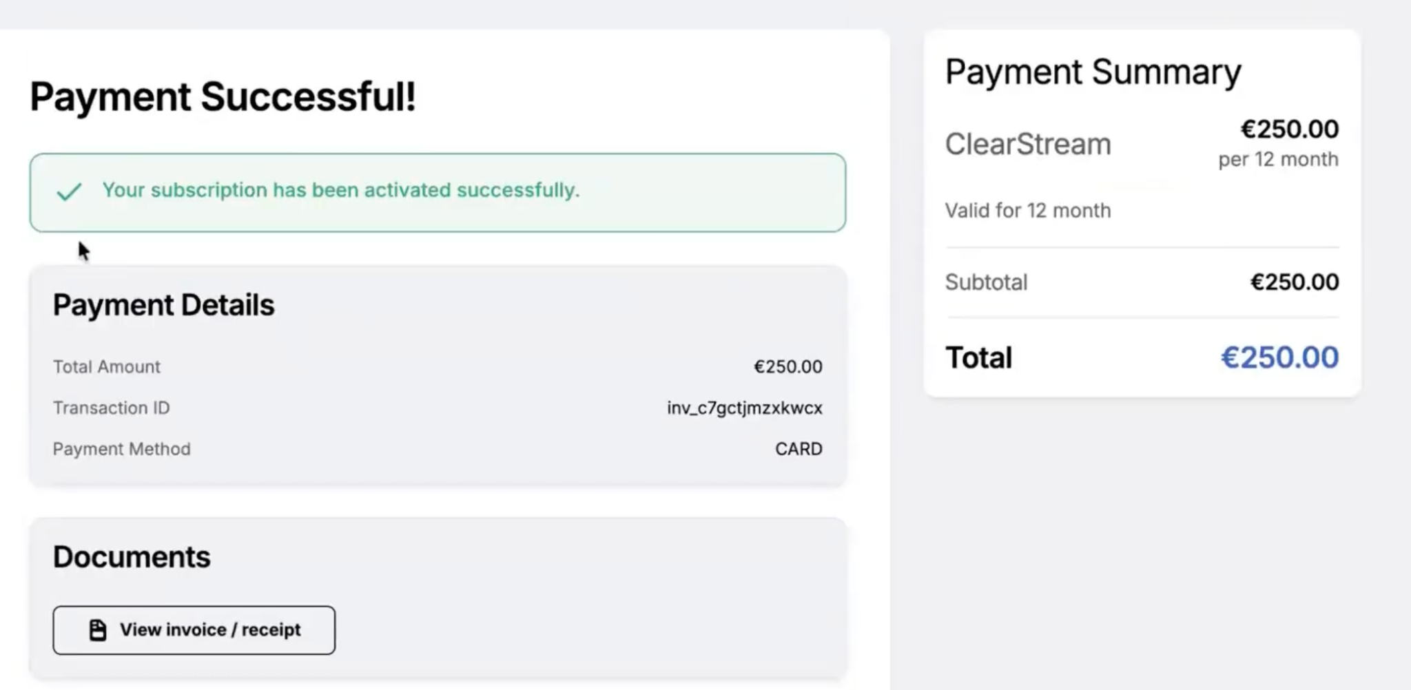 Image showing the Process Reporting Fee step in ClearStream, with a payment successful message.