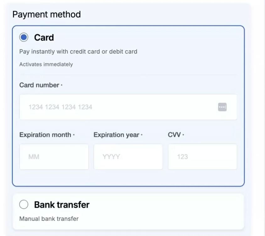 The Process reporting fee step showing the payment form with fields for payment method.