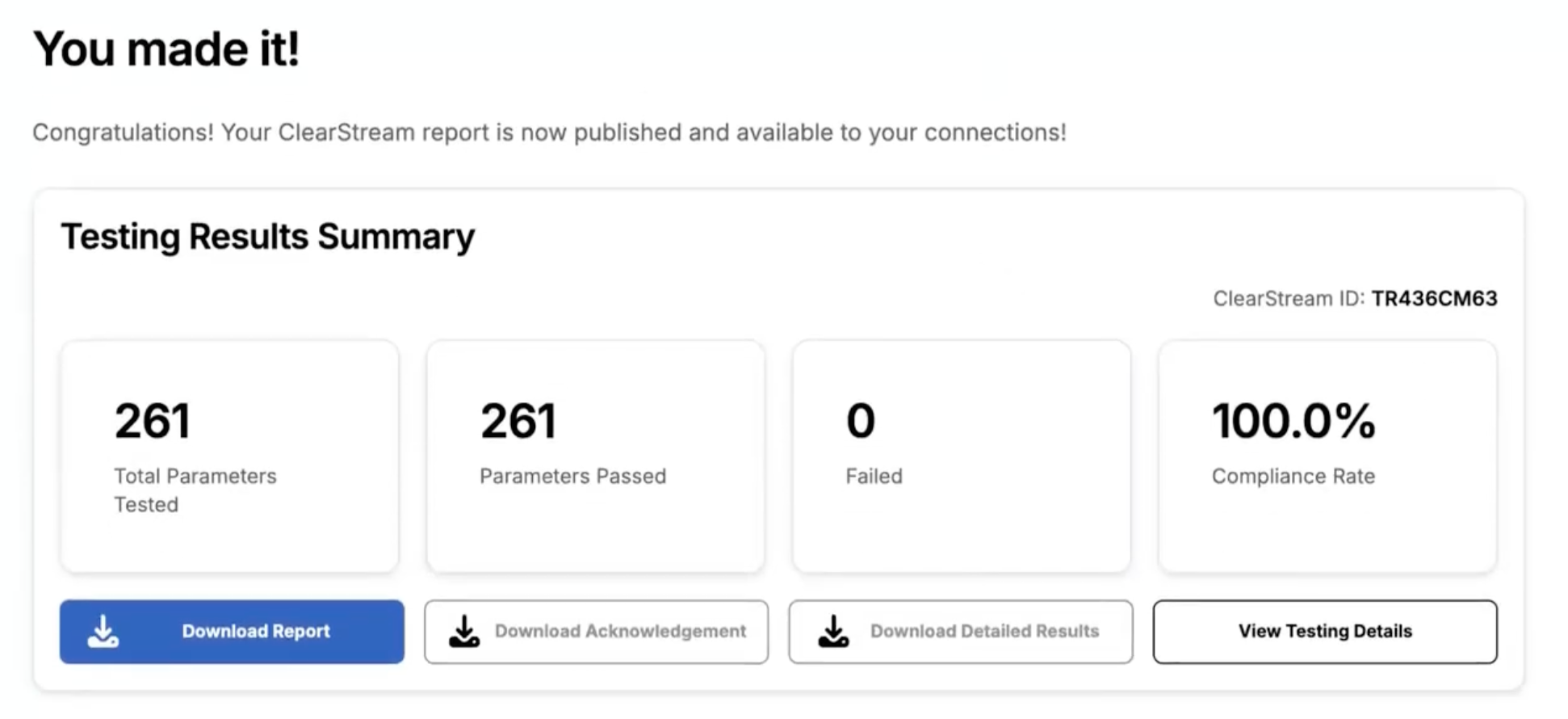 ClearStream Report page showing a result summary panel with key statistics and download options.