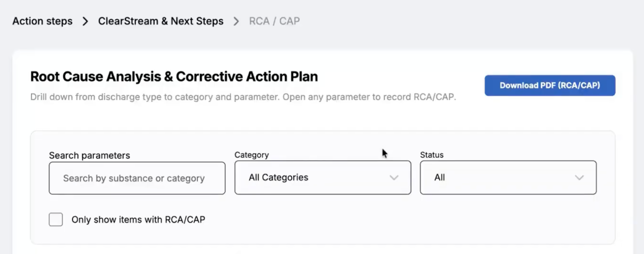 ClearStream RCA/CAP page with filtering options.