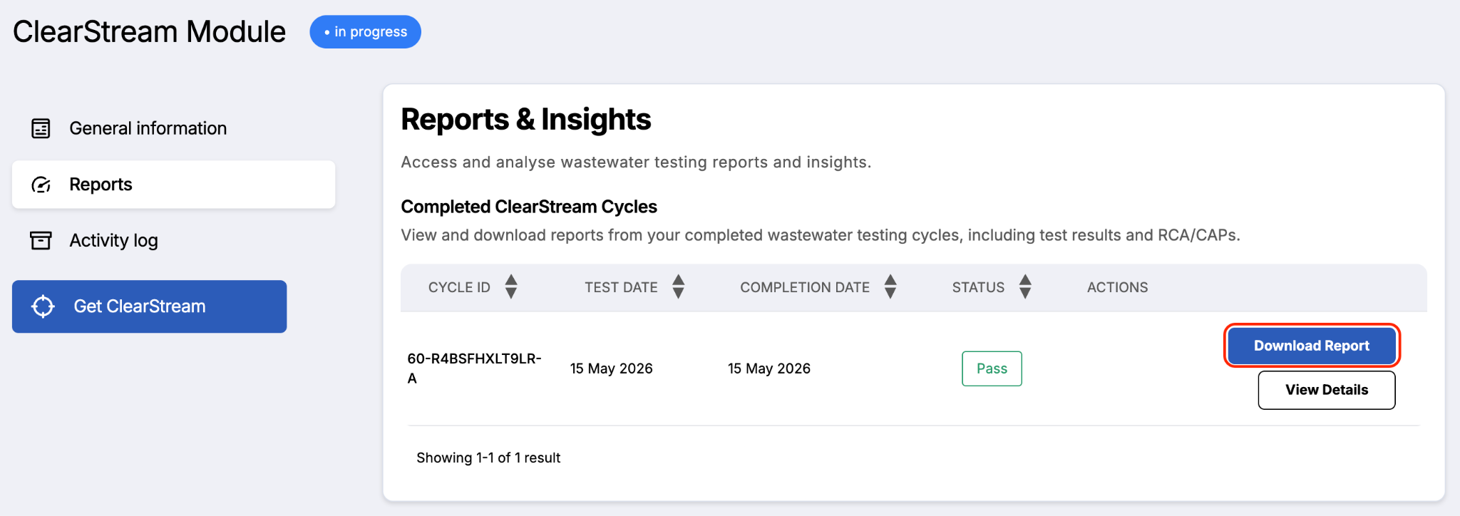 ClearStream report page showing test results and a Download PDF button.