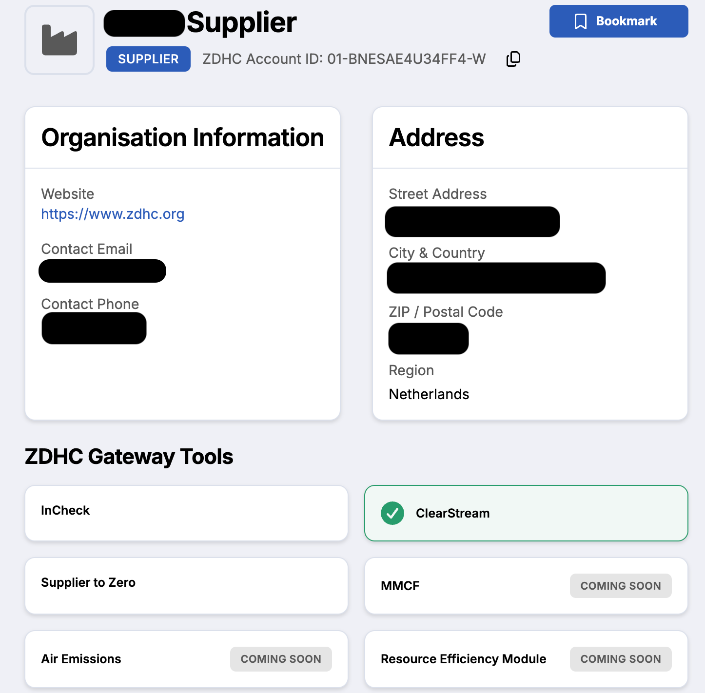 View of organisation through the search button. It shows the organisation information and the ZDHC Gateway tools the organisation is engaging with.