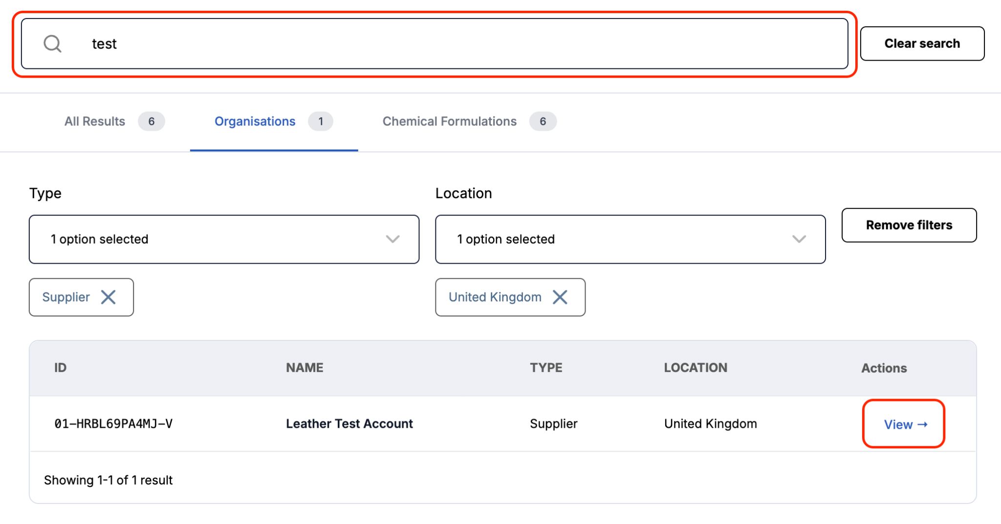 View of a search bar with typed in organisation name, search results and View button