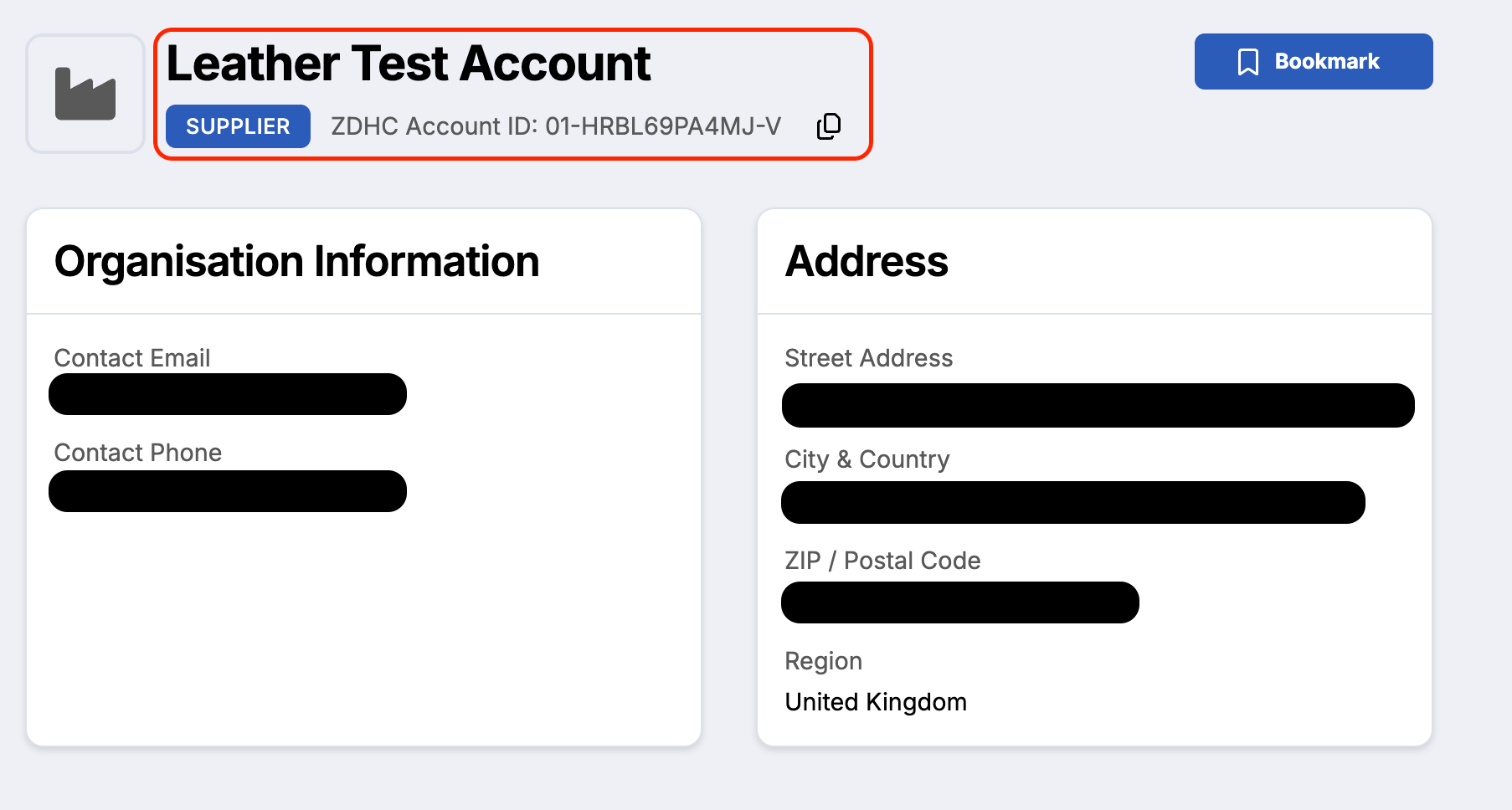 View of an organisation profile page header, with Organisation Information, Address and Bookmark button