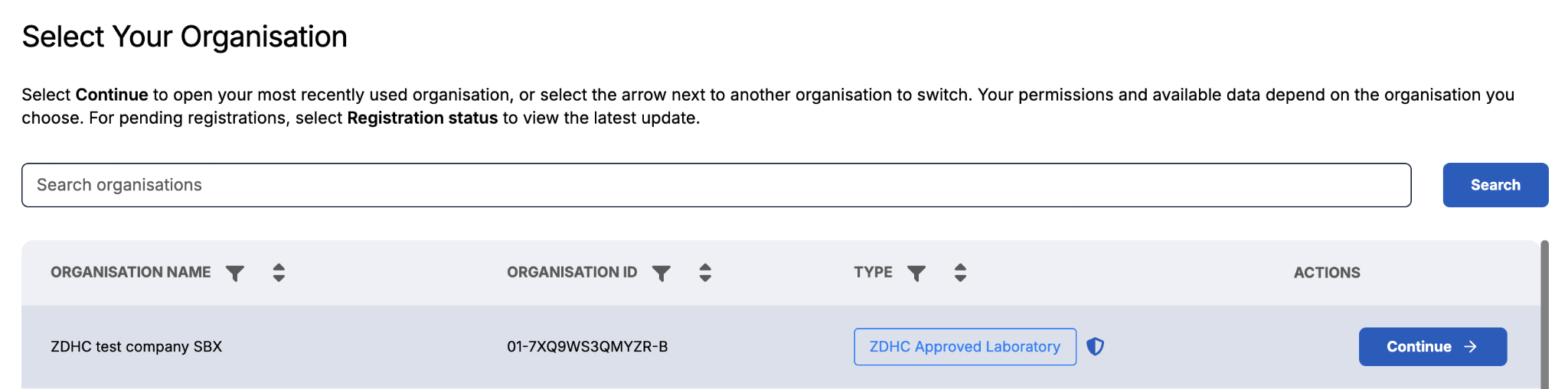 Image of Select Your Organisation view.