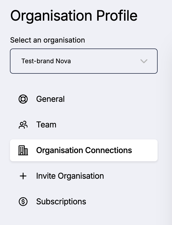 A view showing page selection on Organisation Profile page, with Organisation Connections option