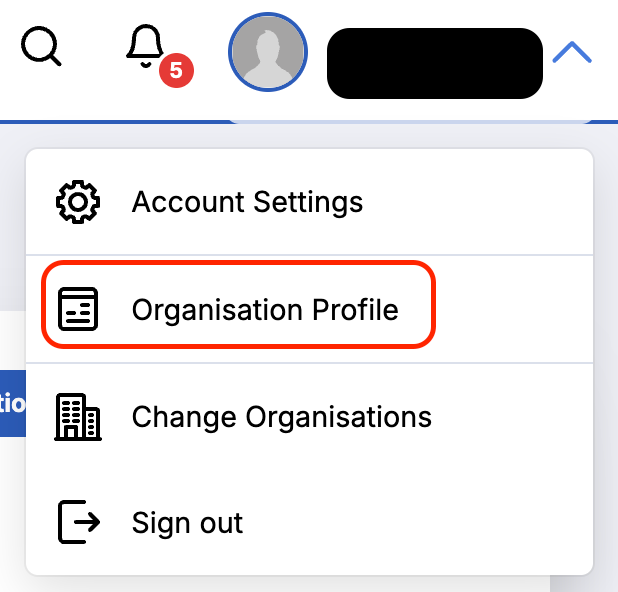View showing menu drop-down with Organisation Profile