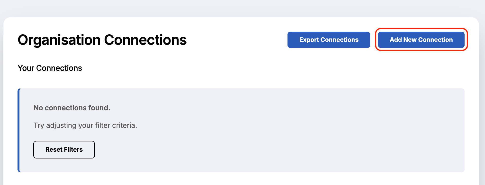 Screenshot showing Organisation Connections tab with Add New Connection button.