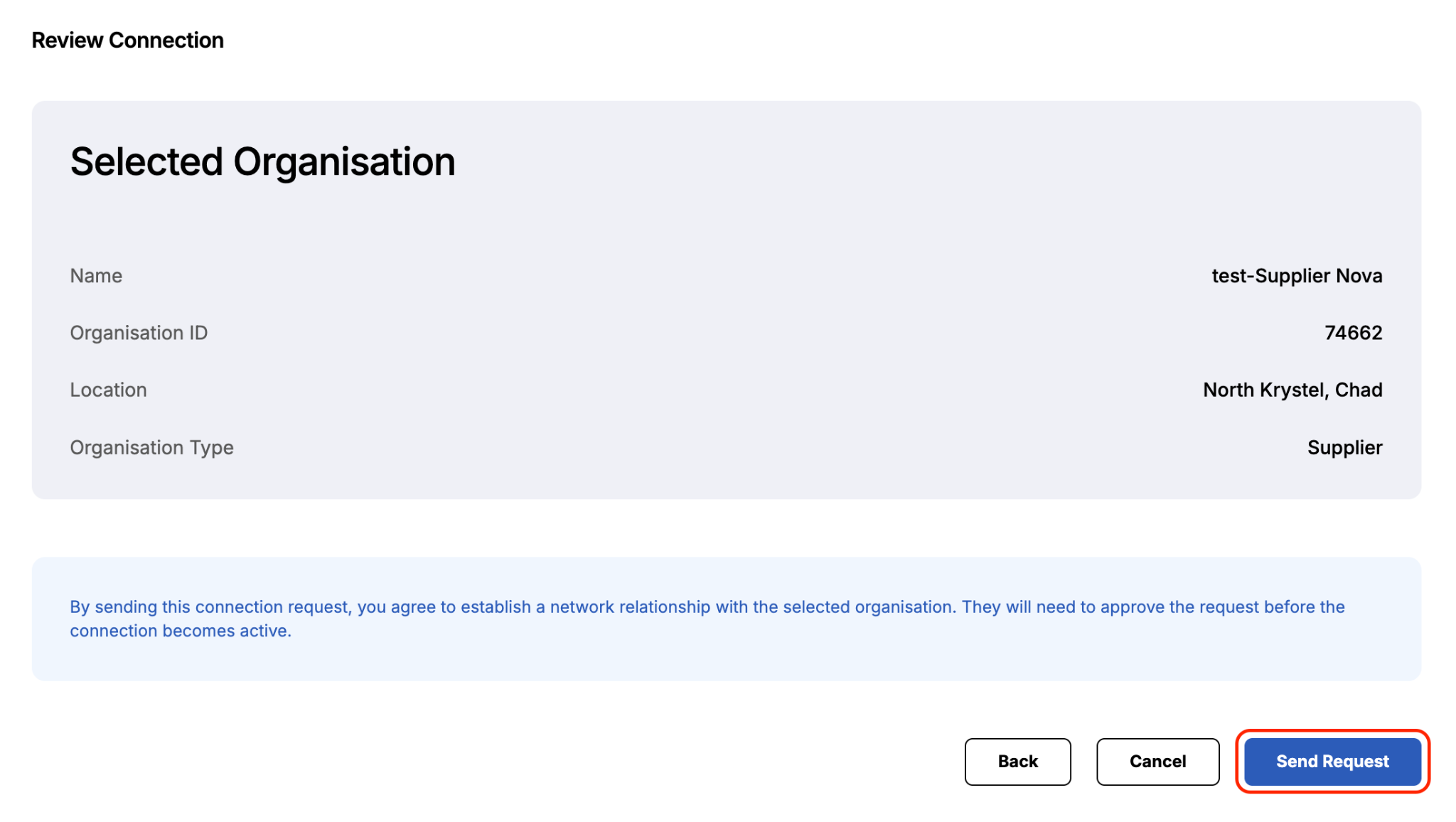 Screenshot showing Review Connection section with a Send Request button at the bottom.