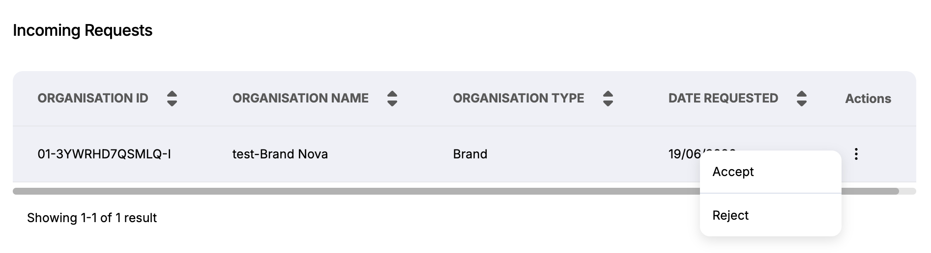 A screenshot showing Incoming Requests page with Actions column and Accept or Reject drop-down.