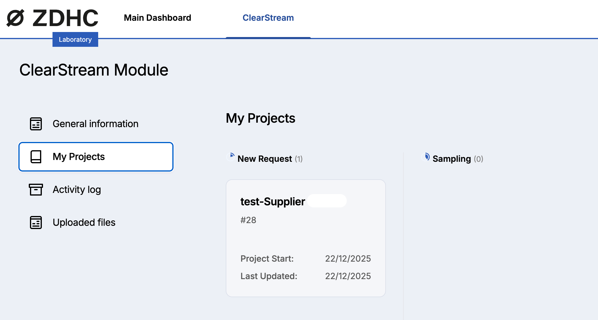 ClearStream My Projects Kanban board with one request showing under the New request category.