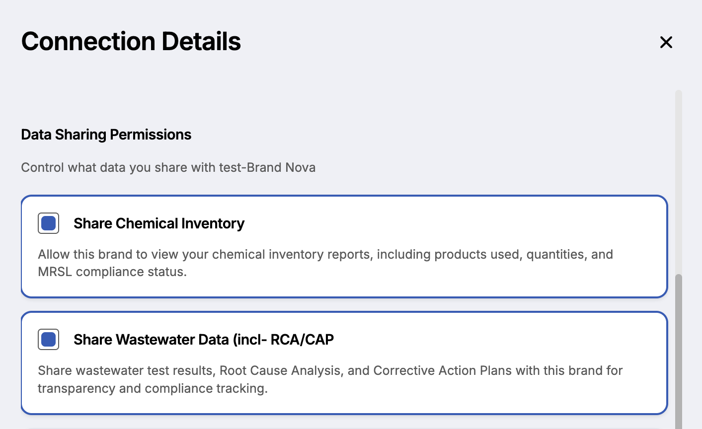 Screenshot of the Data sharing section in the connection details drawer, showing three toggleable options for Chemical Inventory, Wastewater Data, and Connections Data.