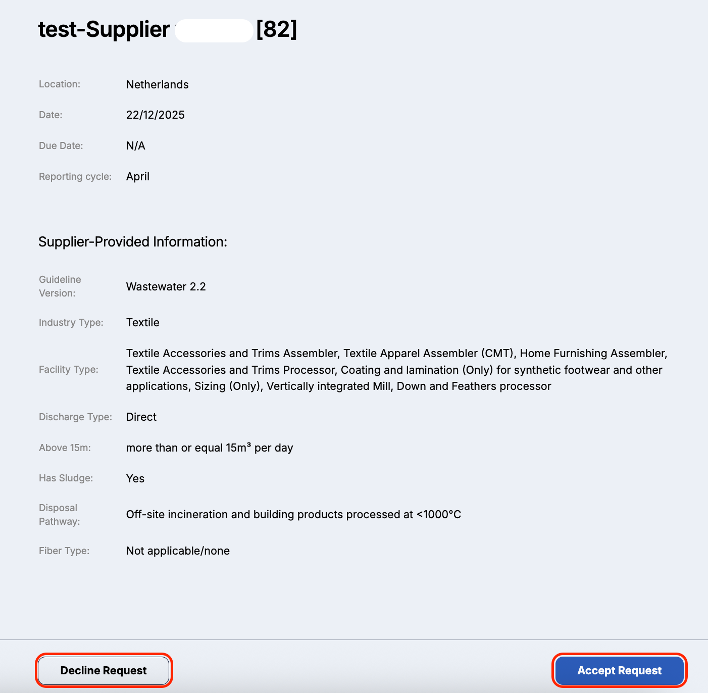 ClearStream request with supplier facility information displayed.