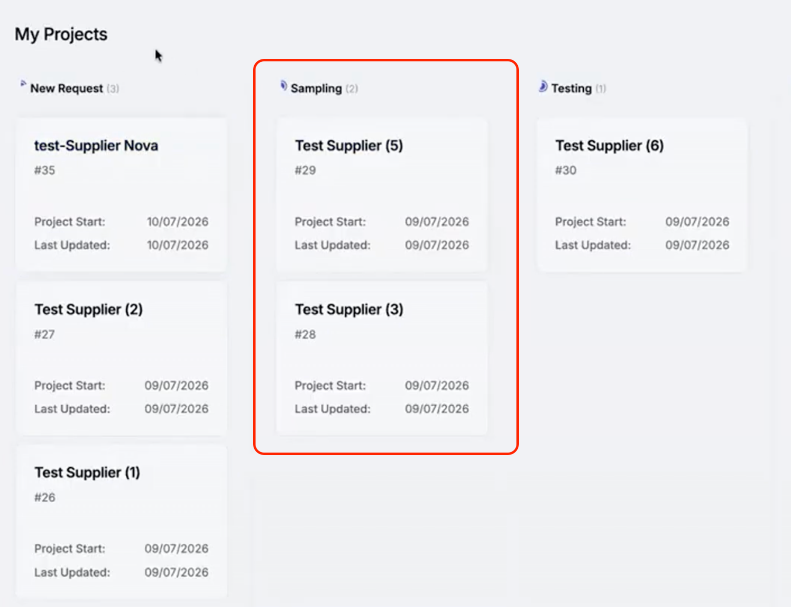 My Projects view and Sampling category displaying requests.