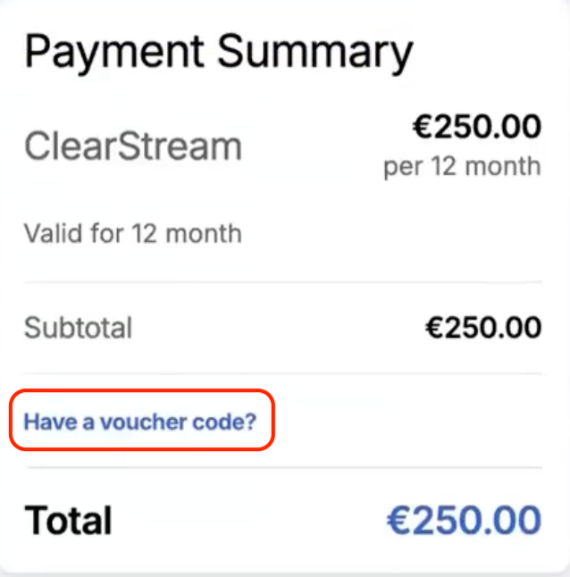 Image of the ClearStream Payment Summary view with the voucher code field highlighted.