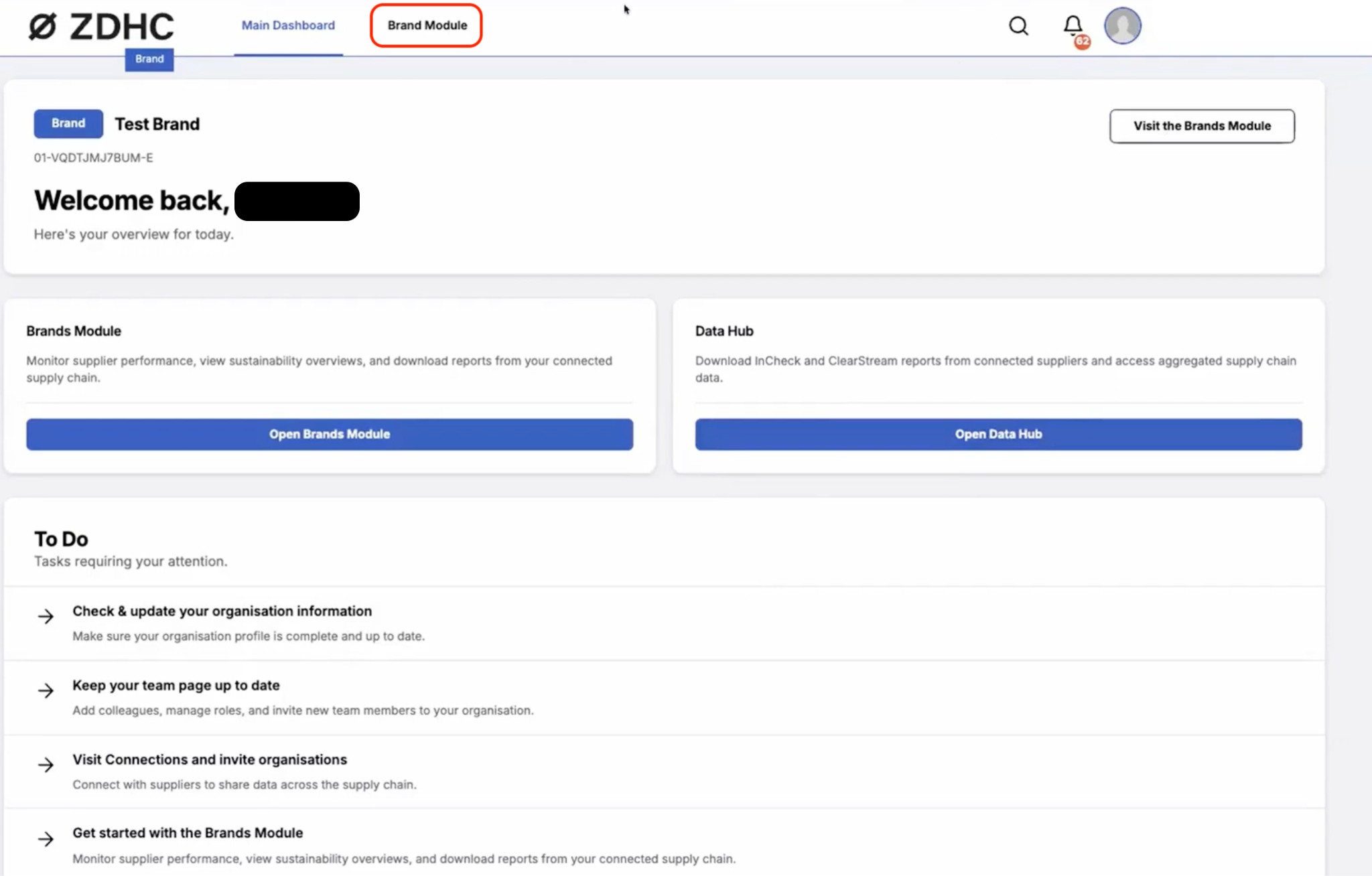 Image of the main Dashboard view with Brand Module at the top of the page, highlighted.