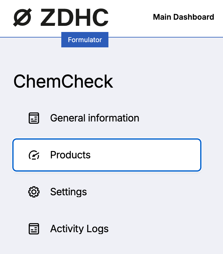 Screenshot of the ChemCheck module navigation showing Products selected.
