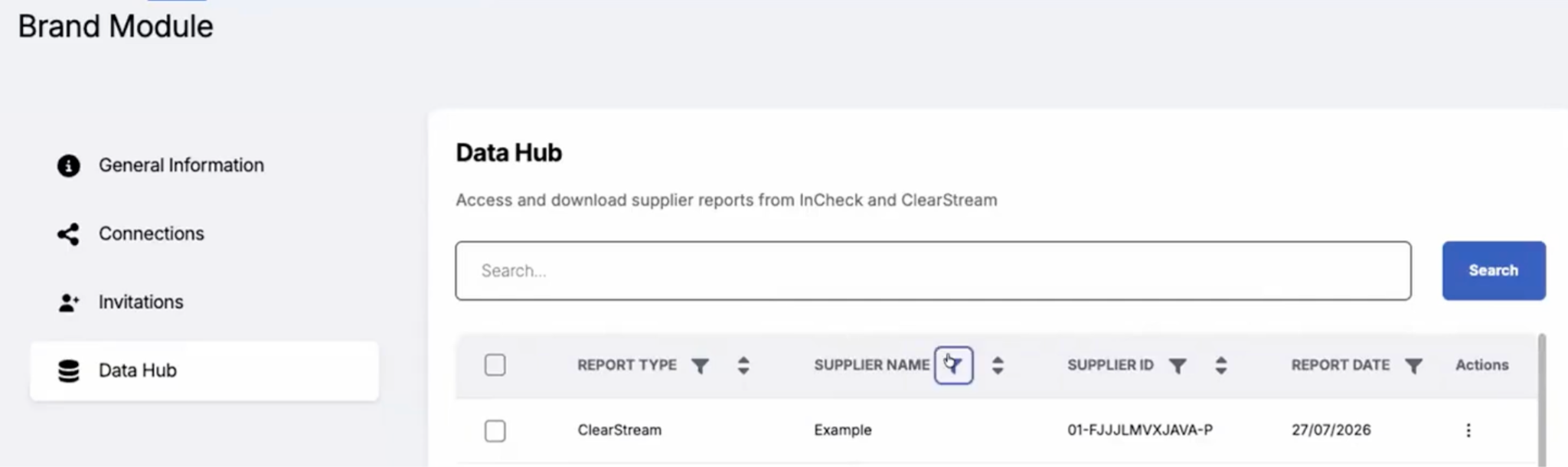 Image of Data Hub view, with search bar and one report showing up on the list.
