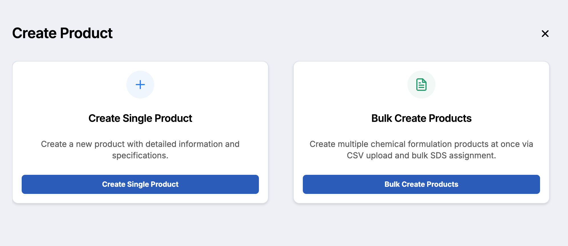 Screenshot of the Create product dropdown with Single product and Bulk product options.