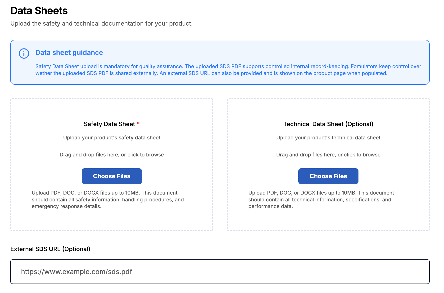 Screenshot of the data sheets upload section.