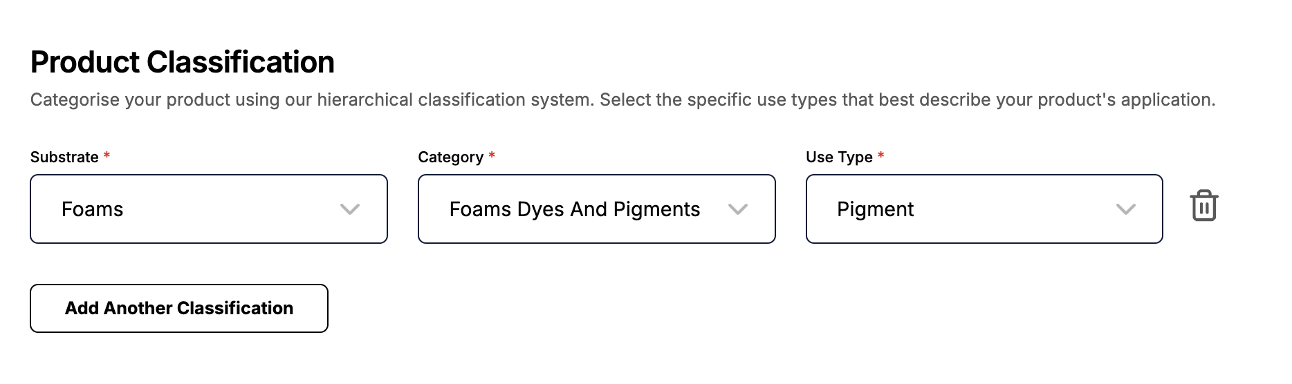 Screenshot of Product Classification section with Substrate, Category and Use Type drop-downs.