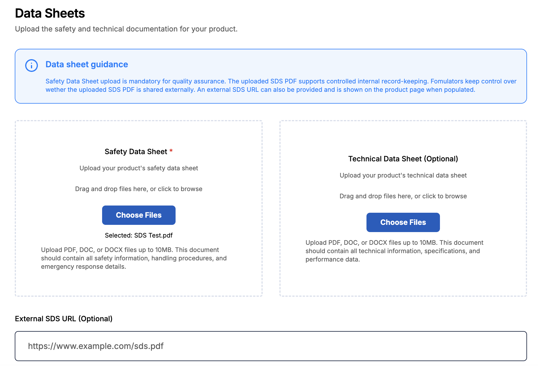 Screenshot of the data sheets section showing a successfully uploaded SDS.