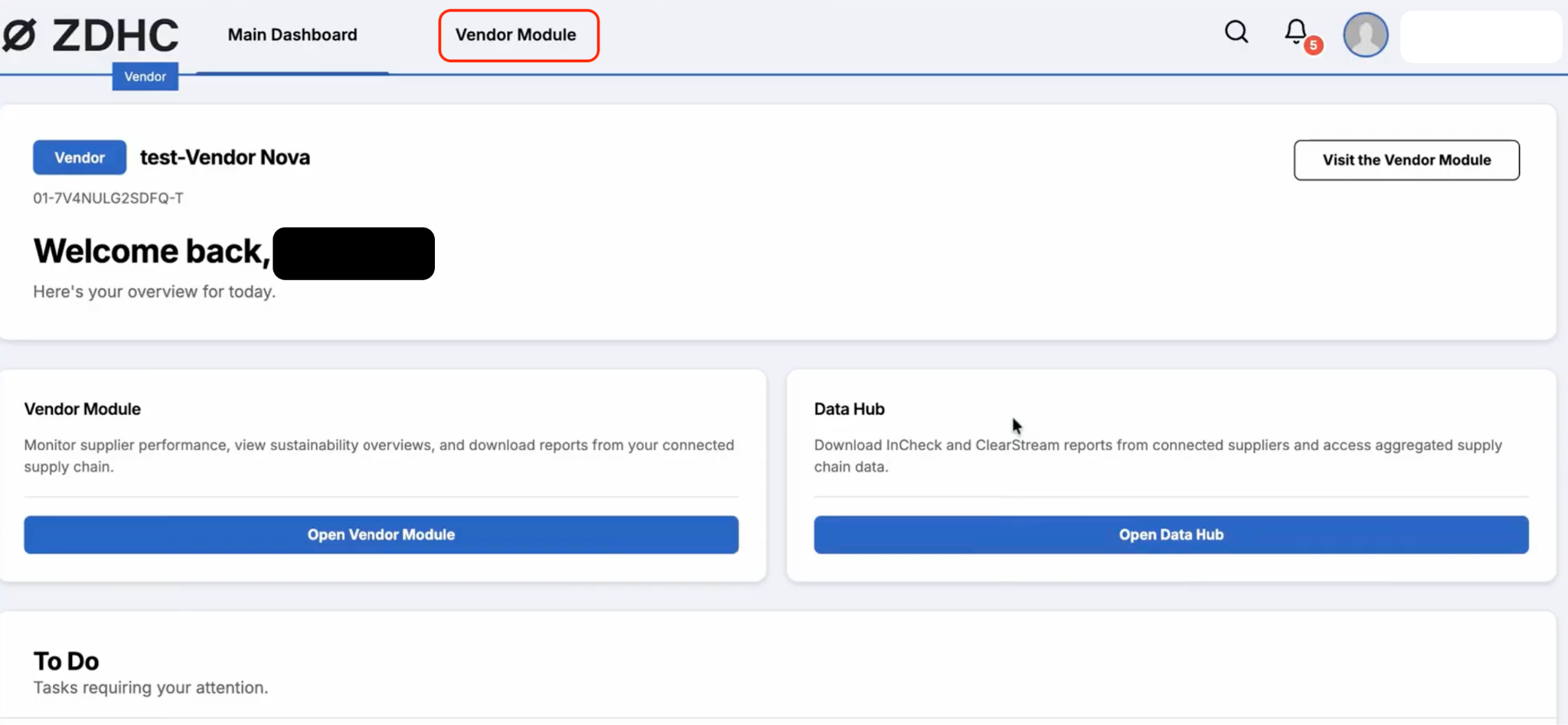 Image of Main Dashboard, with Vendor Module highlighted at the top.