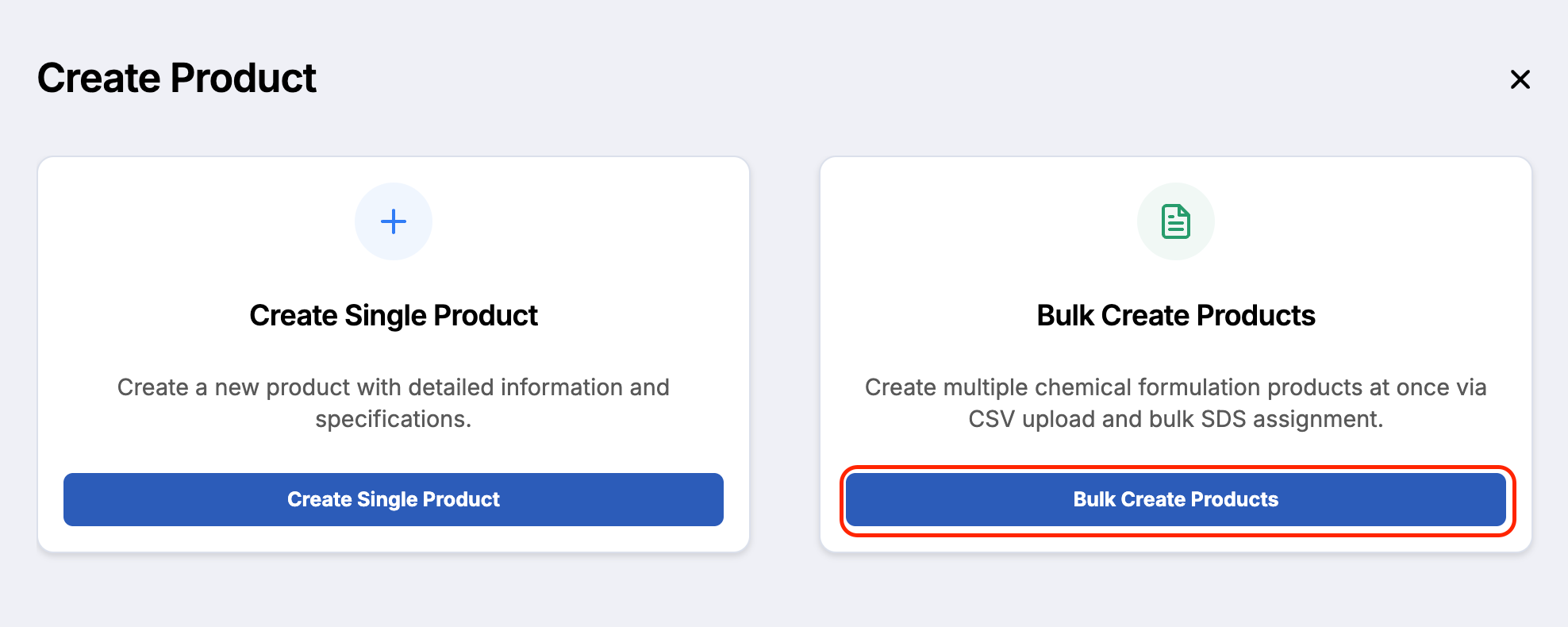 Products page showing the Bulk create products button.
