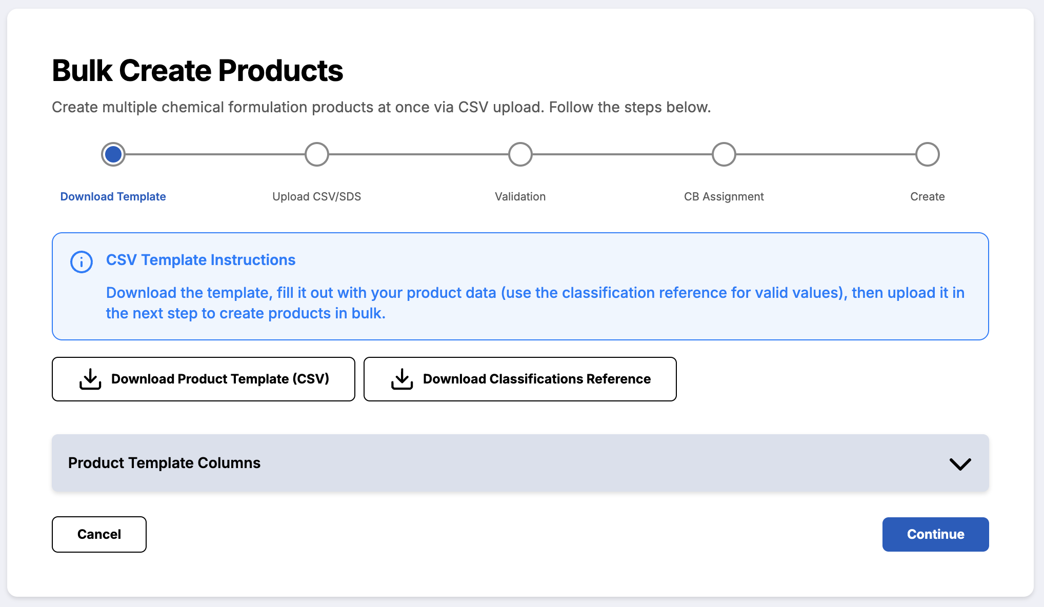 Screenshot of the Bulk Create Products page with a step-by-step guidance.