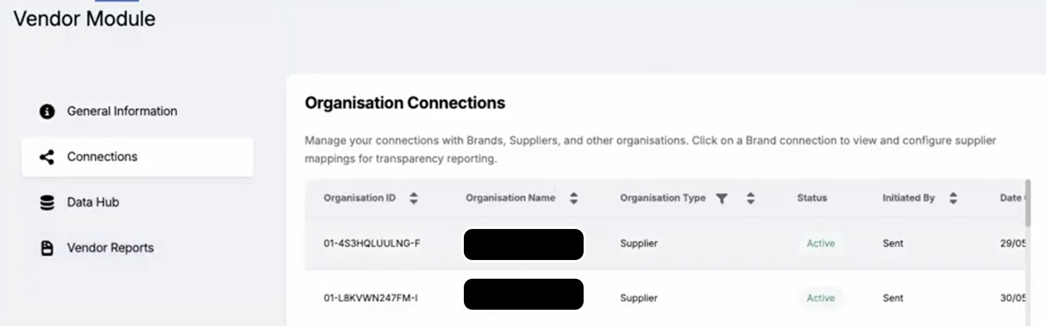 Image of Connections tab within the Vendor module.